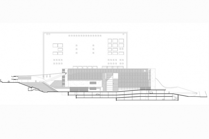 Complexo Teatro Castro Alves, corte longitudinal da Praça das Artes, Salvador, 4º lugar concurso. Pablo Emilio Hereñú, Eduardo Ferroni, José Paulo Gouveia e Fernanda M. Palmieri, 2010<br />Desenho escritório 