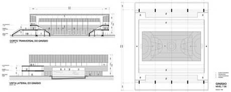 Planta, corte e vista do Ginásio<br />Imagem do autor do projeto 