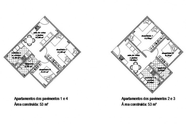 Planta dos Apartamentos com 53m², rotação proporciona insolação homogenia sem causar monotonia no edifício<br />Desenho da autora 