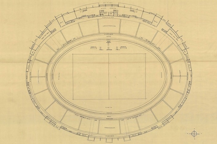 Estádio Vivaldo de Lima, planta geral 01 (detalhe). Arquiteto Severiano Porto, 1965<br />Escaneamento de Cláudio Muniz  [Acervo do Núcleo de Pesquisa e Documentação – FAU/UFRJ – Brasil]