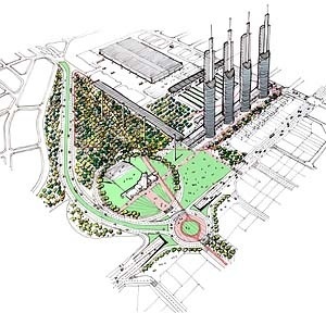 Vista geral da proposta de revitalização da Praça dos Trabalhadores. "[o] essencial na arquitetura não é o grafismo que marca, mas a ambiência que anima o espaço, que lhe dá alma (...)" Edgar Albuquerque Graeff