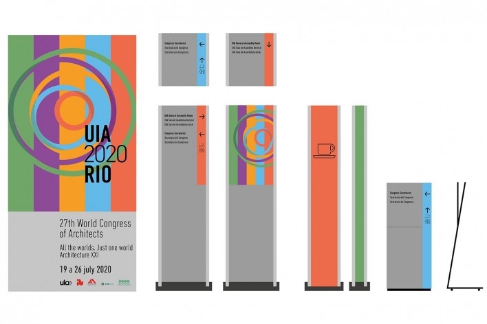 Concurso nacional para a marca do UIA Rio, primeiro lugar. Aplicação em cartaz. Glaucio Campelo e Suzana Valladares / Unidesign