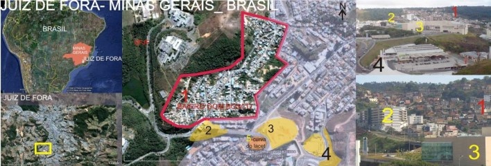 Mapa: 1 - Bairro Dom Bosco, 2 - Hospital particular, 3 - Centro de compras, 4 - Shopping de decoração e construção, 5 - Praça José Gatta Bara- curva do Lacet<br />Desenho do autor 