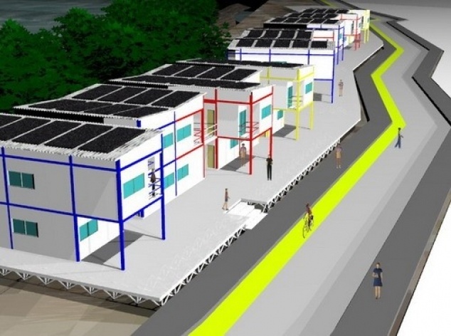 Perspectiva das habitações propostas, com as placas fotovoltaicas nos telhados<br />Imagem dos autores do projeto 