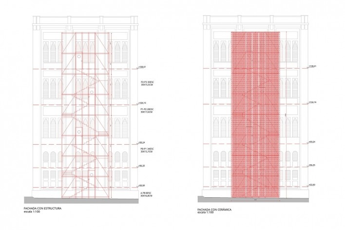Evacuation stairway in the protected area Teresianas Ganduxer, facades with structure and ceramics, Barcelona, Spain, 2022. Arquitects Felipe Pich-Aguilera, Teresa Batlle y Ute Müncheberg / Picharchitects / Pich-Aguilera<br />Imagem divulgação/ disclosure image/ imagen divulgación  [Picharchitects / Pich-Aguilera]