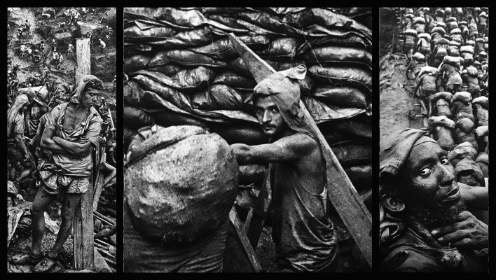 “O inferno de Bosch segundo Sebastião Salgado”, tríptico 6, fragmentos da exposição fotográfica “Gold – Mina de Ouro Serra Pelada”<br />Fotomontagem de Abilio Guerra 