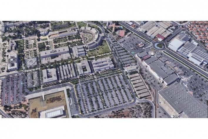 Aulário 3 (unidade de Alicante), vista aérea, San Vicente del Raspeig, Alicante, Espanha, 2000. Arquiteto Javier Garcia-Solera<br />Foto divulgação/ Google Earth 