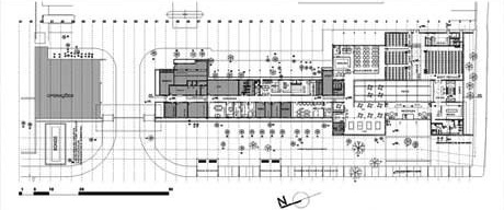 Planta baixa do térreo – vista do pórtico até o novo edifício<br />Imagem do autor do projeto 