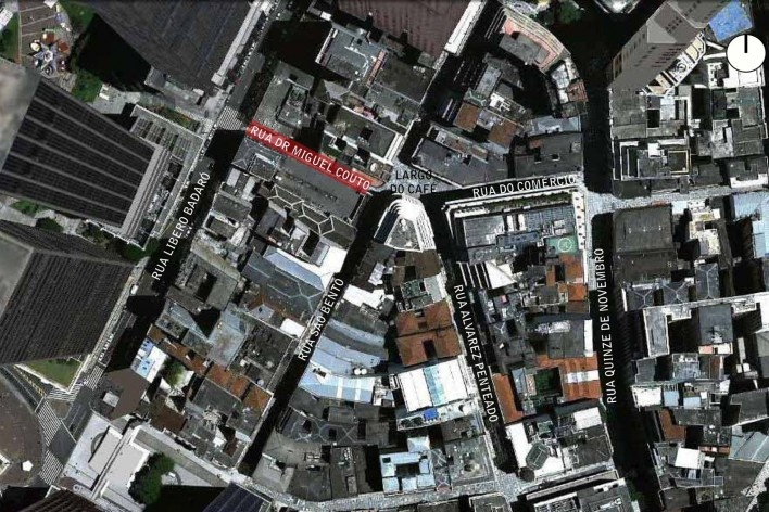 Centro de São Paulo, foto aérea do local da instalação artística Clara-Clara, de Laura Vinci [Foto divulgação]