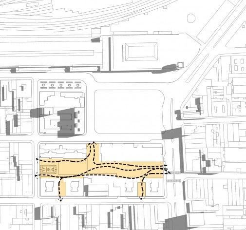 Complexo habitacional e cultural Júlio Prestes, São Paulo, arquitetos Mario Biselli e Arthur Katchborian<br />Diagrama 09: permeabilidade urbana 