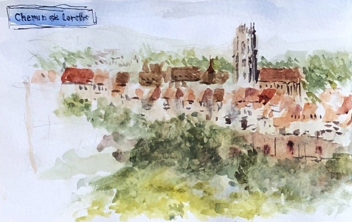 Vista de Friburgo a partir do Chemin de Lorette (detalhe). Lápis e aquarela sobre papel 200g/m2<br />Desenho Sergio Ekerman, 2021 