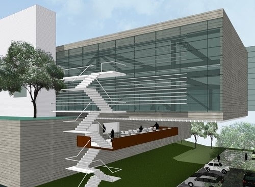 Perspectiva externa - restaurante e extremidade do edifício em balanço<br />Desenho do escritório 