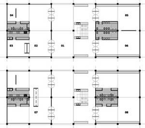 Planta bloco público, nível +12,0m e +6,0m: 01. páteo; 02.refeitório; 03. administração; 04. enfermaria; 05. berçário; 06. sala; 07. restaurante comunitário e padaria-escola; 08. cooperativa de pesca e oficina-escola estaleiro
  	  	 <br />Imagem dos autores do projeto 