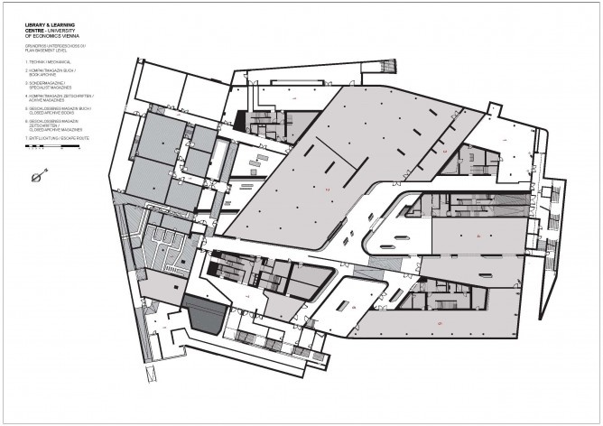 Biblioteca e Centro de Aprendizagem, Universidade de Economia e Negógios de Viena, planta do sexto pavimento. Zaha Hadid Architects