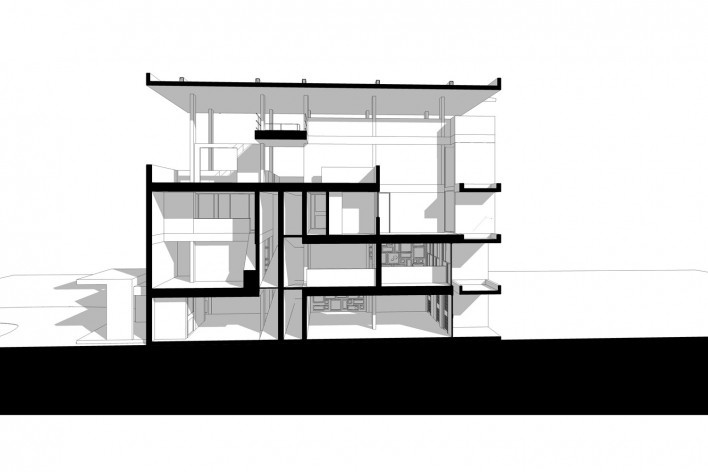 Casa Shodhan, corte longitudinal, Ahmedabad, Gujarat, India, 1951-56. Arquitecto Le Corbusier<br />Modelo tridimensional Gabriel Johansson Azeredo / Imagem Edson Mahfuz 