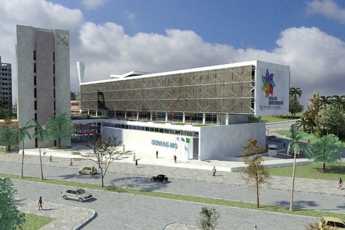 Centro de Referência em Empreendedorismo do Sebrae-MG, vista externa, 1º lugar. Arquiteto Andreoni da Silva Prundêncio, 2008<br />Desenho escritório 