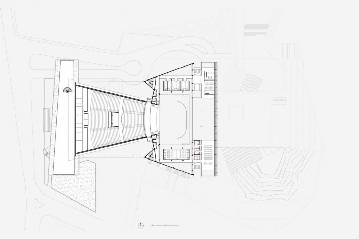 Complexo Teatro Castro Alves, planta sobre palco Ateliê de Maquiagem, Salvador, 5º lugar concurso. GrupoSP e Núcleo Arquitetura, 2010<br />Desenho escritório 