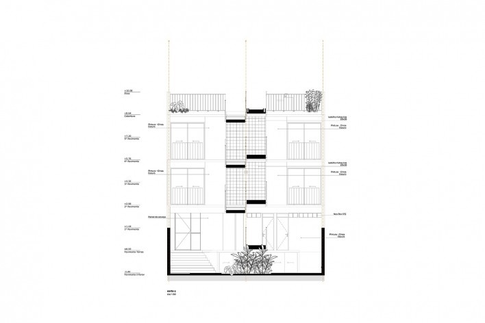 Edifício Tico RV, corte CC, São Paulo SP Brasil, 2020. Arquitetos Danilo Terra, Fernanda Sakano, Juliana Terra e Pedro Tuma (autores) / Terra e Tuma Arquitetos Associados<br />Imagem divulgação  [Terra e Tuma Arquitetos Associados]