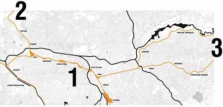 Excerto de malha urbana destacando a orla ferroviária (laranja) e a hidrografia (preto)<br />Imagem dos autores do projeto 