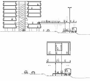 Cortes tranversais. Conexão com edifício existente e biblioteca<br />Imagem dos autores do projeto 