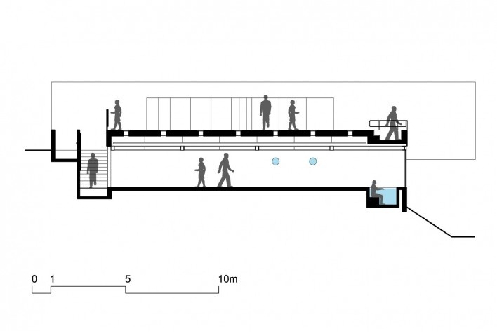 Bar/piscina/galeria, corte longitudinal, volume da galeria. BCMF arquitetos + MACh arquitetos