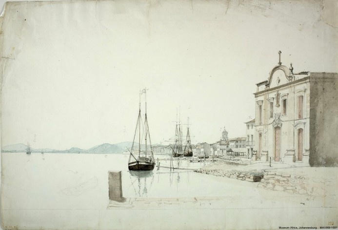 Brazil, Santos: Santos docks with the already demolished Jesus, Maria and Joseph church (also Carvalho chapel or Rosary chapel) on the foreground, followed by houses and the Carmo church, 11 oct 1826<br />William John Burchell  [Collection Museum Africa, Johannesburg]