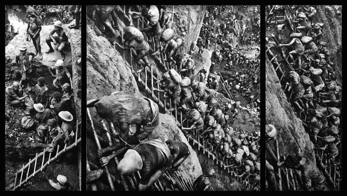 “O inferno de Bosch segundo Sebastião Salgado”, tríptico 4, fragmentos da exposição fotográfica “Gold – Mina de Ouro Serra Pelada”<br />Fotomontagem de Abilio Guerra 