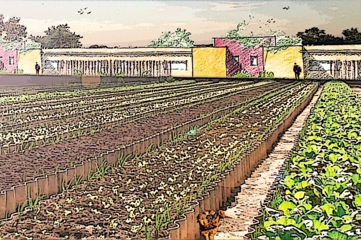 Proposta bairro urbano + produção agrícola, montagem ilustrando os lotes agrícolas. Roney Pessoa, FAU PUC-Campinas<br />2º lugar 