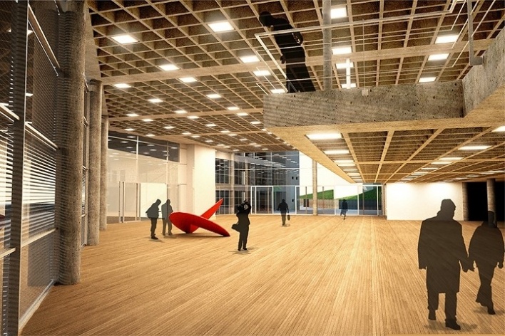 Centro de Referência em Empreendedorismo do Sebrae-MG, hall multiuso, 2º lugar. Arquiteto Francisco Spadoni, 2008<br />Desenho escritório 