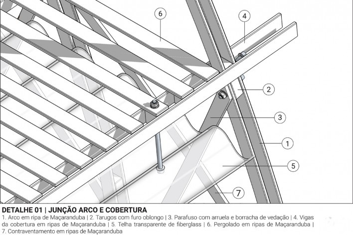 Passagem coberta em madeira: modelagem generativa por algoritmos, detalhe construtivo, Campus UFRN, Natal RN Brasil, 2019. Arquitetos Alessio Perticarati Dionisi, Clodoaldo Dino de Castro e Nilberto Gomes de Sousa<br />Elaboração Alessio Perticarati Dionisi 