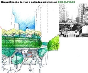 Requalificação de vías e calçadas próximas ao Eco-elevado<br />Imagem do autor do projeto 