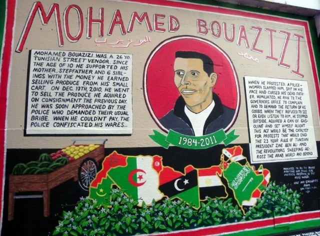 Mural, Castro. Homenagem a Mohamed Bouazizi, cuja auto-imolação deflagrou a série de acontecimentos em 2010 e 2011conhecida como “Primavera Árabe”<br />Foto Maria Carolina Maziviero, 05/04/2014 