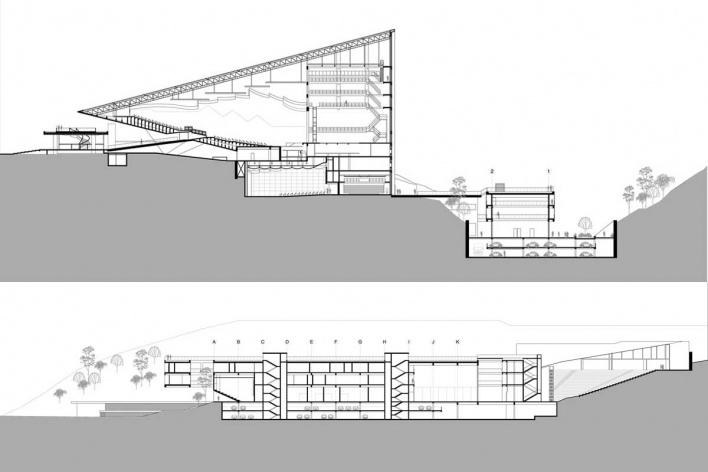 Complexo Teatro Castro Alves, cortes, Salvador, 2º lugar concurso. Emerson José Vidigal, Eron Danilo Costin, Rodrigo V. Martins e Dario Corrêa Durce, 2010<br />Desenho escritório 