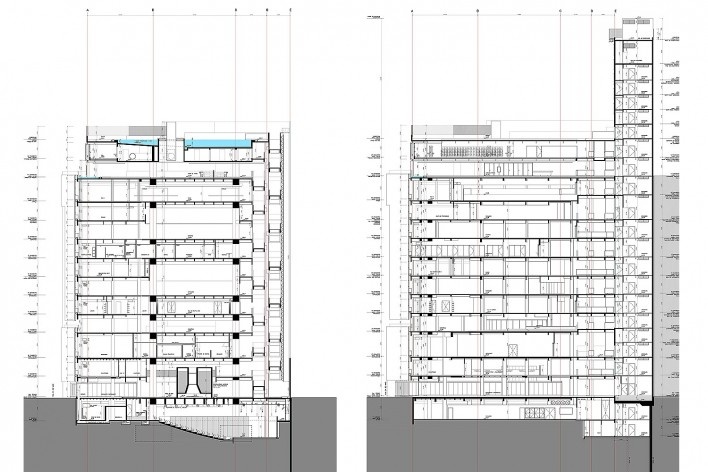 Sesc 24 de Maio, corte E, transversal à rua 24 de Maio; corte F, transversal à rua 24 de Maio, Paulo Mendes da Rocha + MMBB Arquitetos, São Paulo<br />Imagem divulgação 