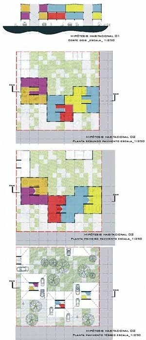 Hipótese habitacional com 4 configurações de plantas<br />Imagem dos autores do projeto 