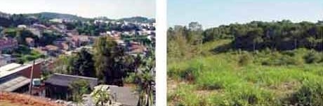 À esquerda, ocupações populares irregualares em terrenos acidentados; à direita, cenário da várzea ainda não ocupada<br />Imagem dos autores do projeto 