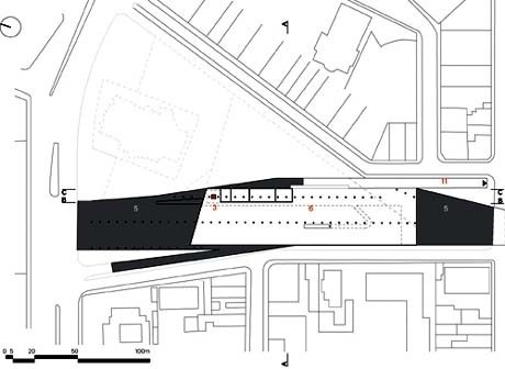 Planta:1.Rua Guimarães Rosa; 2.Rua Martinho Prado; 3.Praça de entrada da galeria; 4.Elevador; 5.Túnel; 6.Biblioteca; 7.Rua da Consolação; 8.Rua Augusta; 9.Galeria / Choperia; 10.Praça; 11.Rua de Livros; 12.Plano inclinado; 13.Sanitários; 14Av. 9 de Julho<br />Imagem dos autores do projeto 