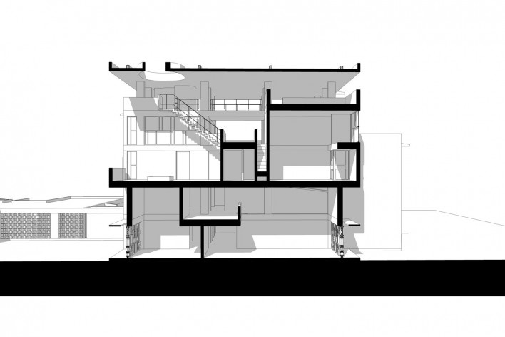 Casa Shodhan, corte longitudinal, Ahmedabad, Gujarat, Índia, 1951-56. Arquiteto Le Corbusier<br />Modelo tridimensional Gabriel Johansson Azeredo / Imagem Edson Mahfuz 