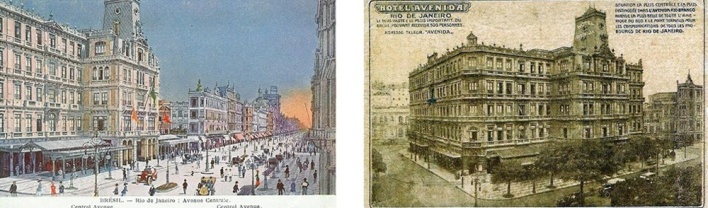 Av. Central e Hotel Avenida (à esquerda, em primeiro plano), em cartões postais de 1910, impressos na França