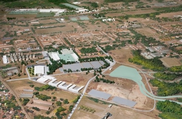 Vista aérea da maquete, en destaque o Centro de Hipismo<br />Imagem dos autores do projeto 