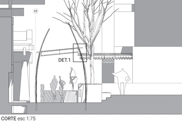 Passagem coberta em madeira: modelagem generativa por algoritmos, corte, Campus UFRN, Natal RN Brasil, 2019. Arquitetos Alessio Perticarati Dionisi, Clodoaldo Dino de Castro e Nilberto Gomes de Sousa<br />Elaboração Alessio Perticarati Dionisi 