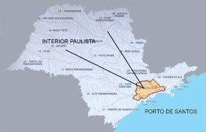 O mapa do Estado deixa nítido a posição estratégica de São Paulo em relação ao porto e ao interior<br />Imagem do autor do projeto  [São Paulo Metrópole. São Paulo, Edusp; Imprensa Oficial, 2004]