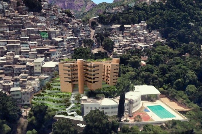 Habitacional Humuarana, fachada nordeste com Escola Municipal André Urani em primeiro plano, Rio de Janeiro, 2020. Arquiteto Luiz Carlos Toledo e estagiário Maciel Antônio da Silva