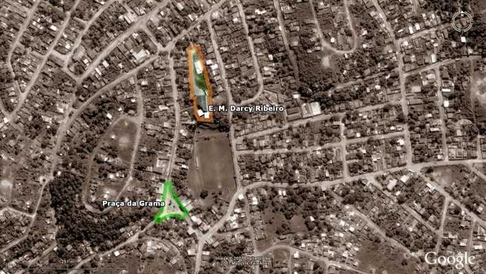 Vista aérea - Praça da Gama e E. M. Darcy Ribeiro<br />Imagem dos autores do projeto 