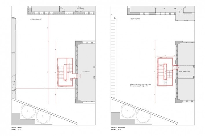 Evacuation stairway in the protected area Teresianas Ganduxer, ground and upper floor plan, Barcelona, Spain, 2022. Arquitects Felipe Pich-Aguilera, Teresa Batlle y Ute Müncheberg / Picharchitects / Pich-Aguilera<br />Imagem divulgação/ disclosure image/ imagen divulgación  [Picharchitects / Pich-Aguilera]