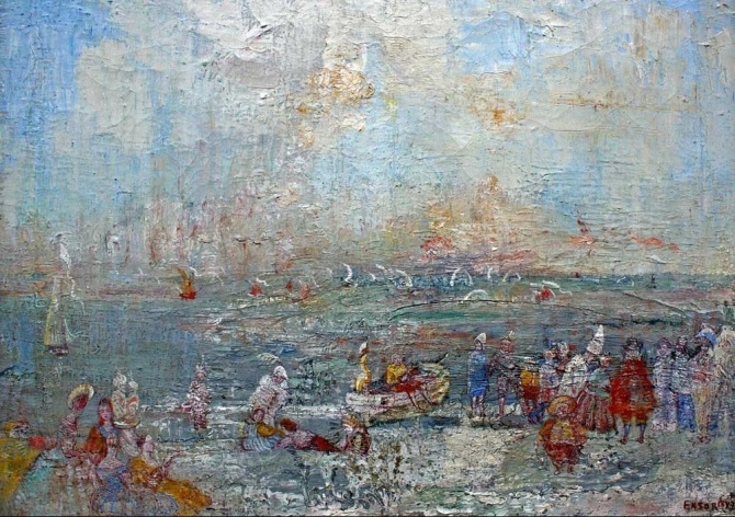 James Ensor, <i> Carnaval sur la plage </i>, 1887, óleo sobre tela, 54,5 x 69,5