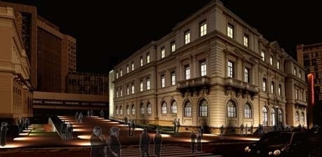 Vista noturna externa do edifício e da praça lateral<br />Imagem dos autores do projeto 