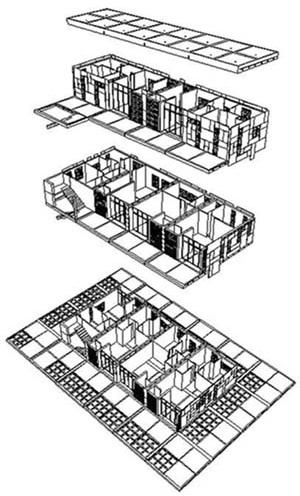 Conjunto de 11 unidades habitacionais agrupadas em três pavimentos; exemplo de uma das possibilidades de composição das peças pré-fabricadas de concreto<br />Imagem dos autores do projeto 