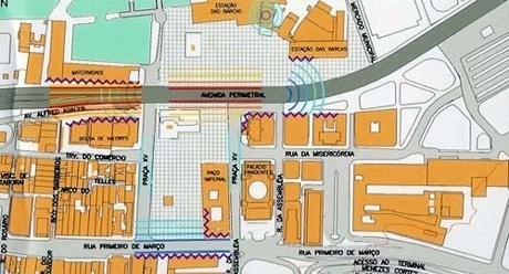 Mapa diagnóstico de ruídos da Praça XV (tons azuis – escala de ruídos abaixo da Perimetral, tons vermelhos – escala de ruídos na Perimetral, e, roxo – barreira sonora edificada)<br />Imagem dos autores do projeto 