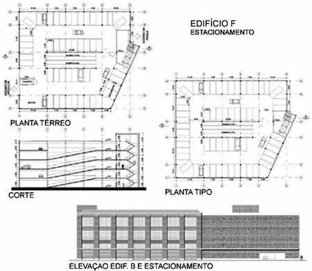 Corte, planta tipo e elevação do edifício F<br />Imagem do autor do projeto 